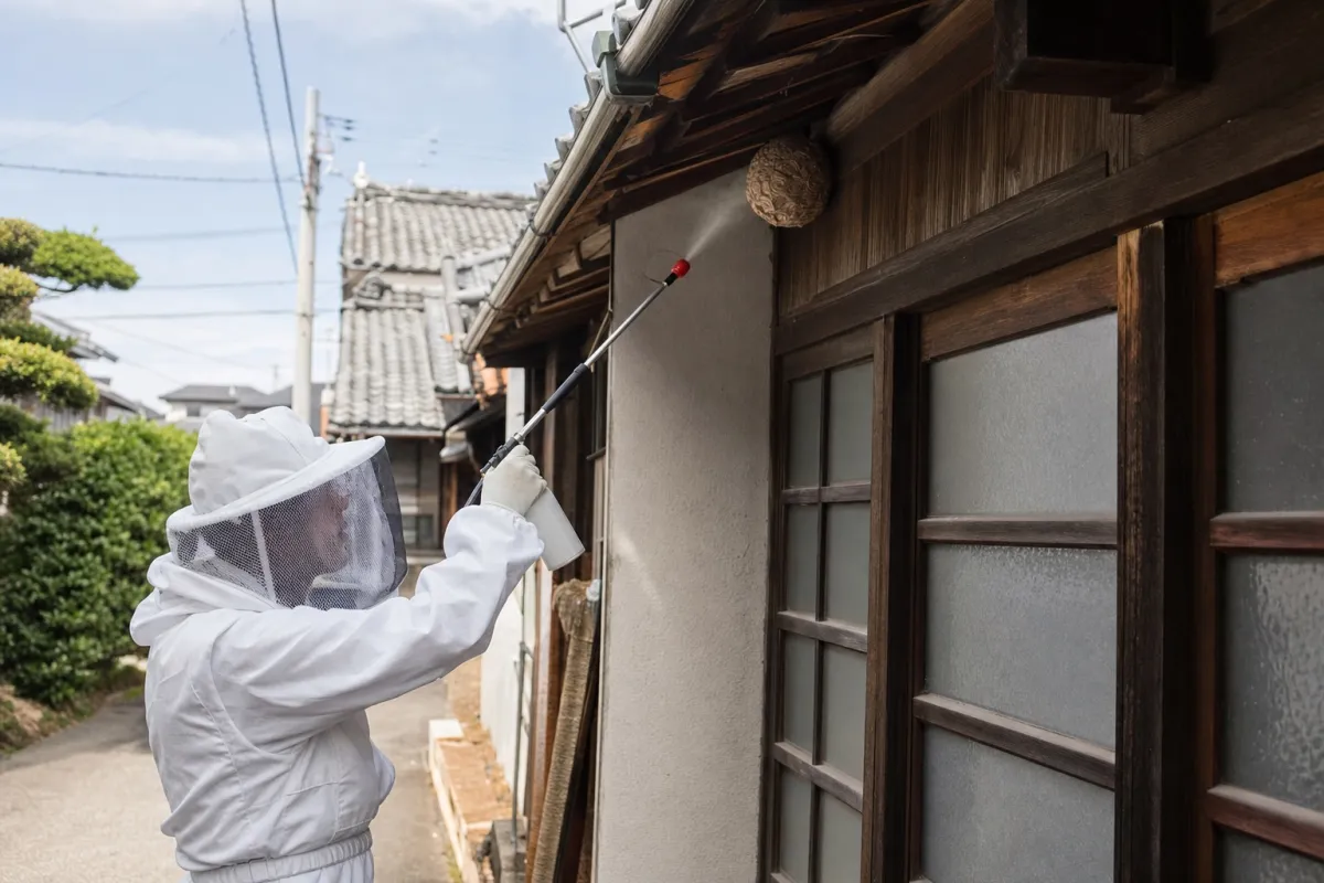 名古屋市名東区藤が丘のスズメバチ駆除作業中