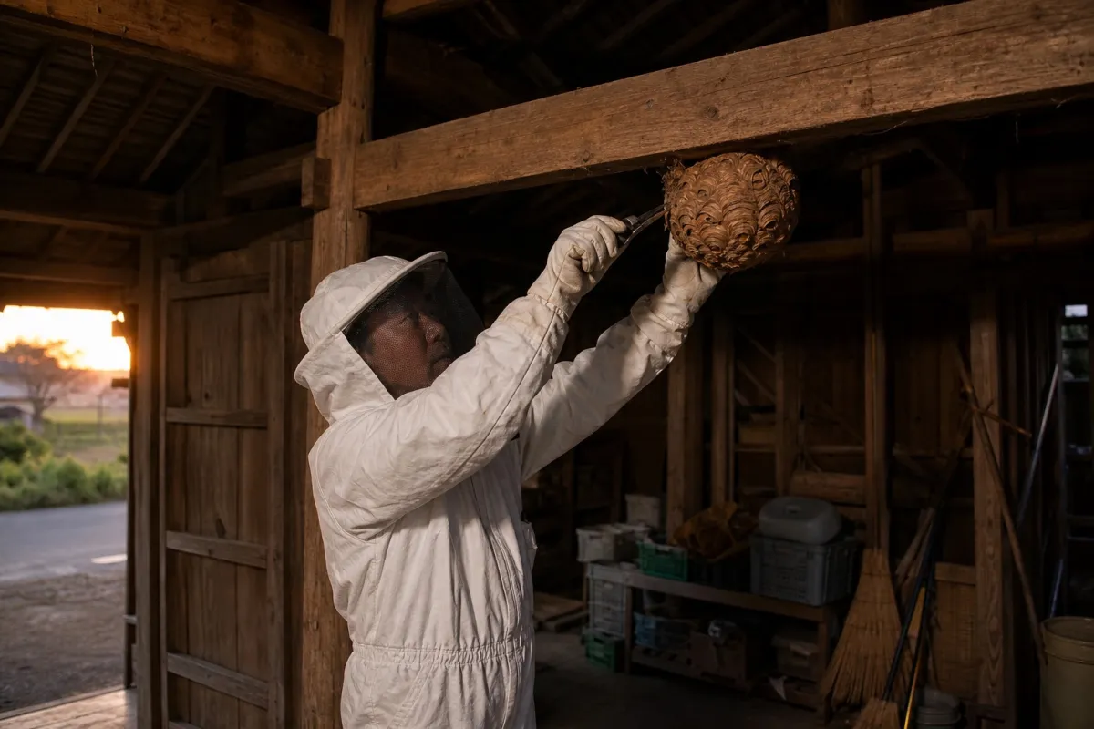 名古屋市名東区平和が丘のオオスズメバチ駆除作業中