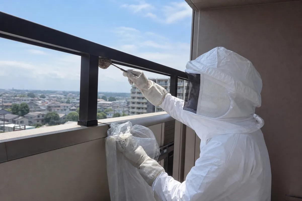 名古屋市名東区社台のアシナガバチ駆除作業中