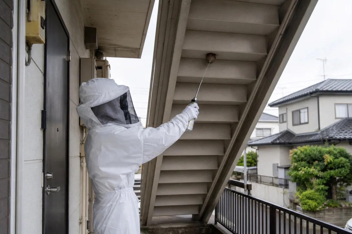 名古屋市名東区よもぎ台のアシナガバチ駆除作業中