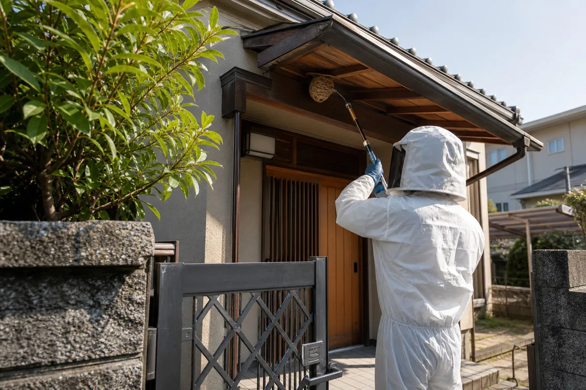 名古屋市緑区鳴海町の住宅街でスズメバチ駆除作業中