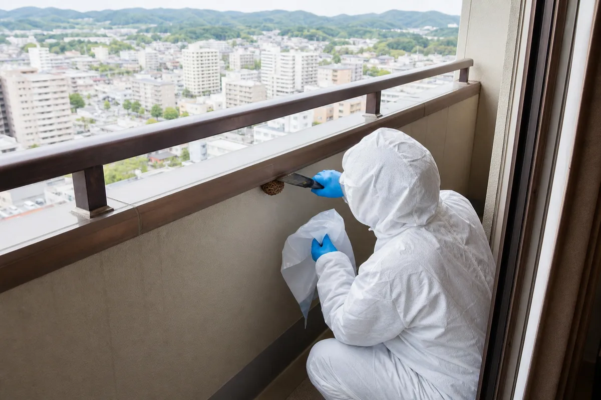 名古屋市緑区徳重の分譲マンションでアシナガバチ駆除作業中