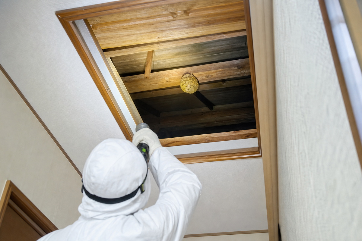 名古屋市緑区大高町の丘陵住宅でキイロスズメバチ駆除作業中
