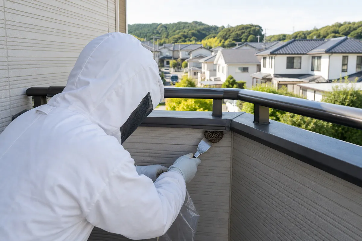 名古屋市緑区鶴が沢の分譲住宅でアシナガバチ駆除作業中