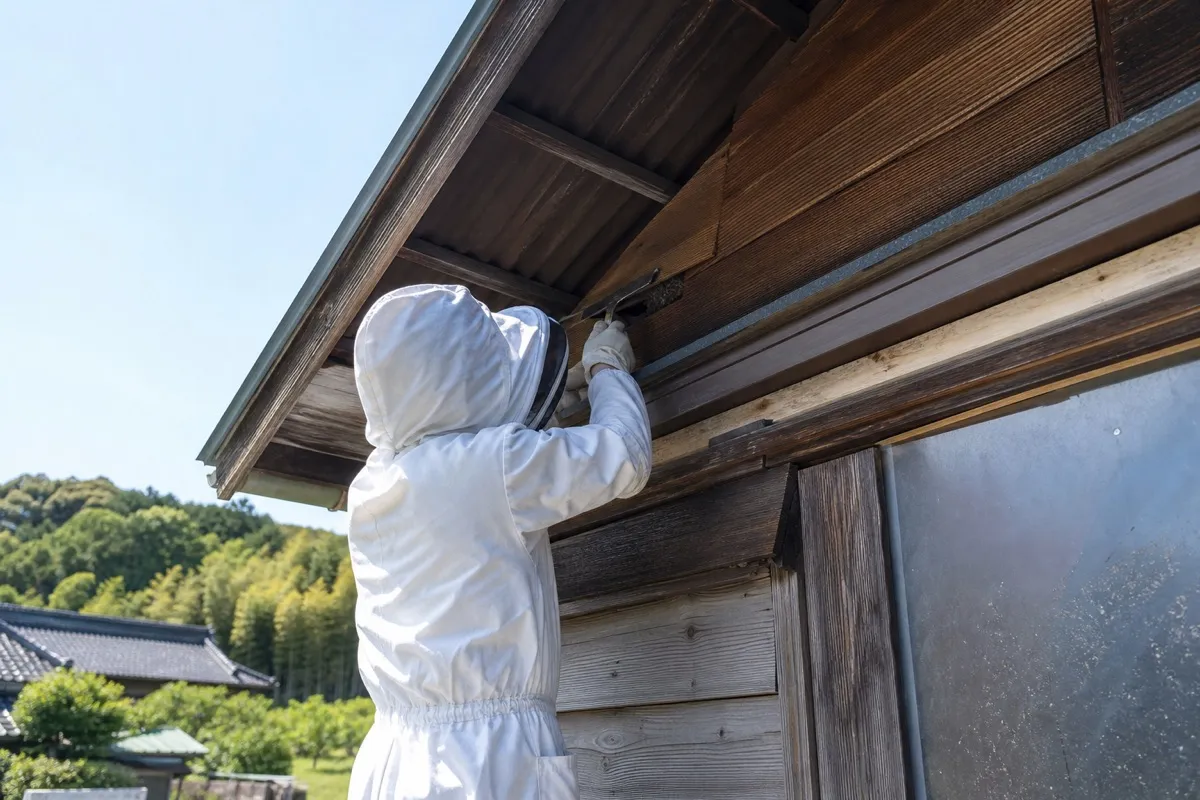 名古屋市緑区平手南の田園農家でミツバチ駆除作業中