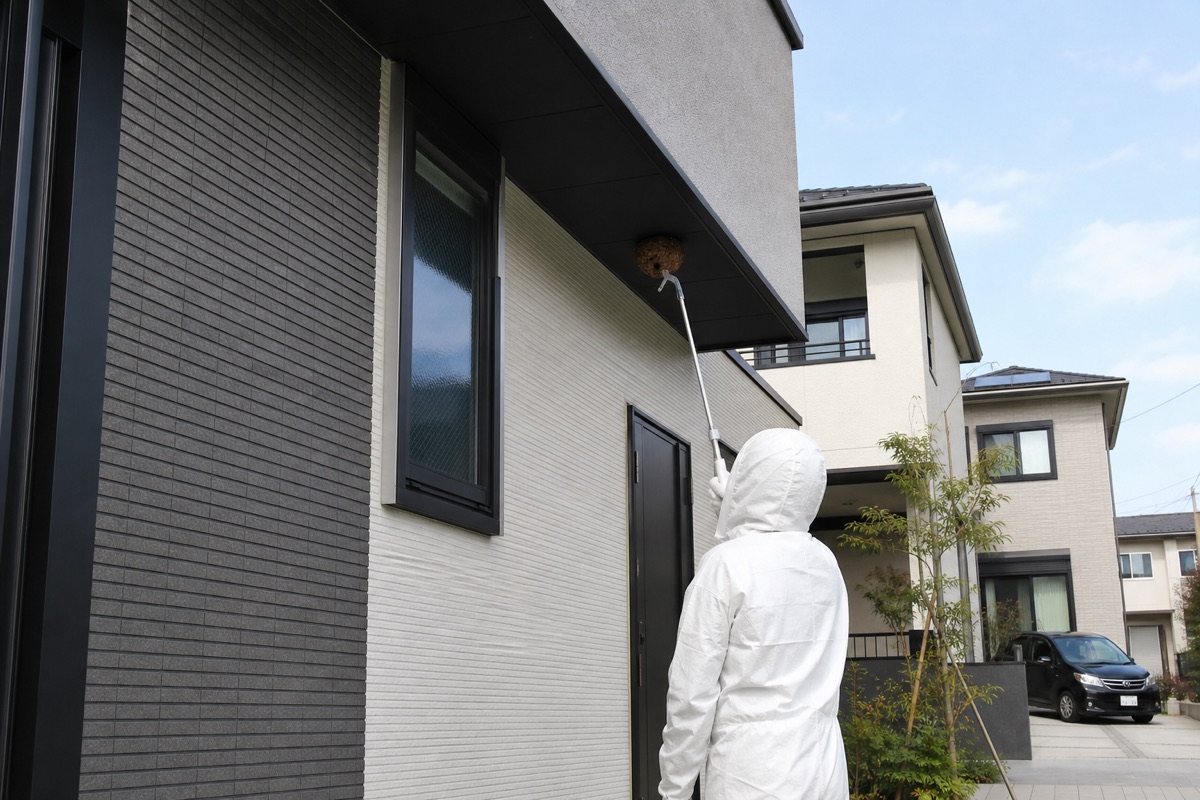 名古屋市緑区太子の新築住宅でスズメバチ駆除作業中