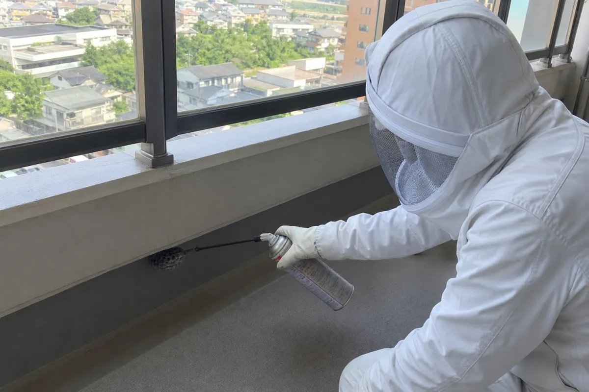名古屋市緑区徳重のアシナガバチ駆除作業中
