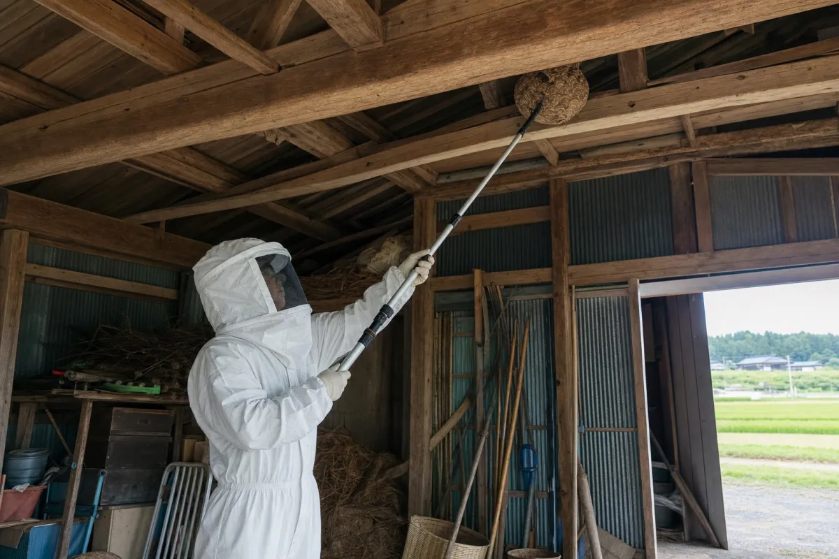 名古屋市緑区藤塚のオオスズメバチ駆除作業中