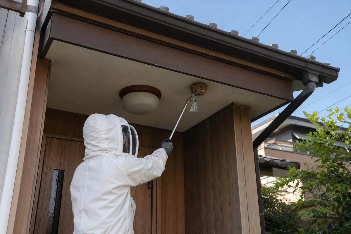 名古屋市南区桜台の住宅街でスズメバチ駆除作業中
