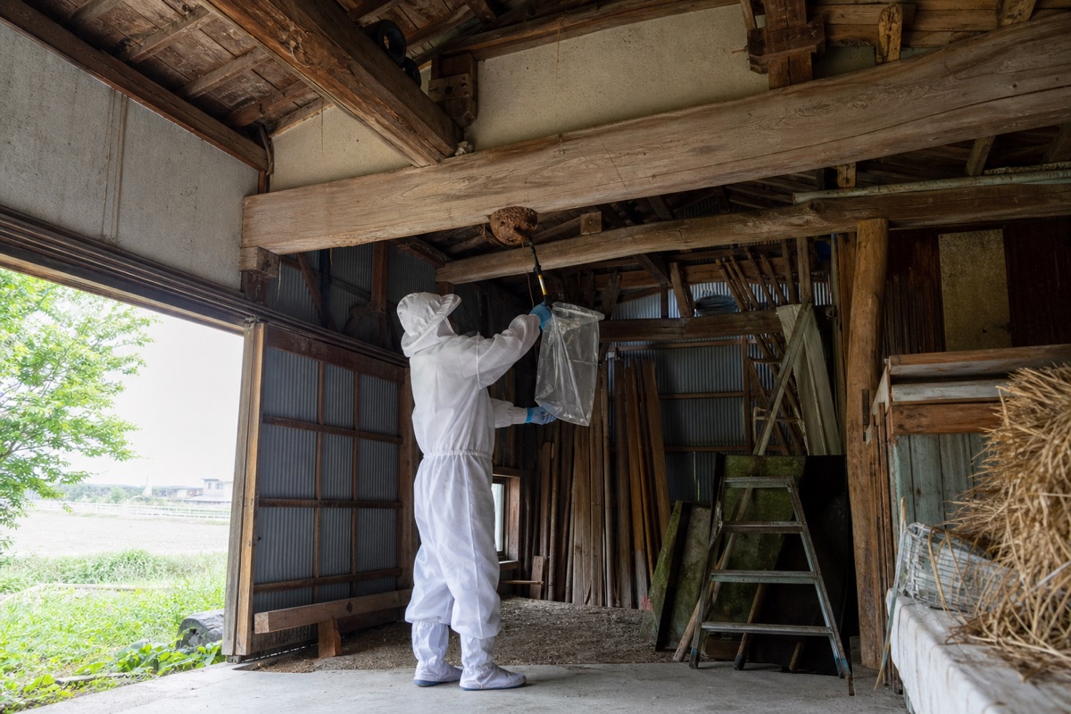 名古屋市南区鳥栖の田園農家納屋でオオスズメバチ駆除作業中