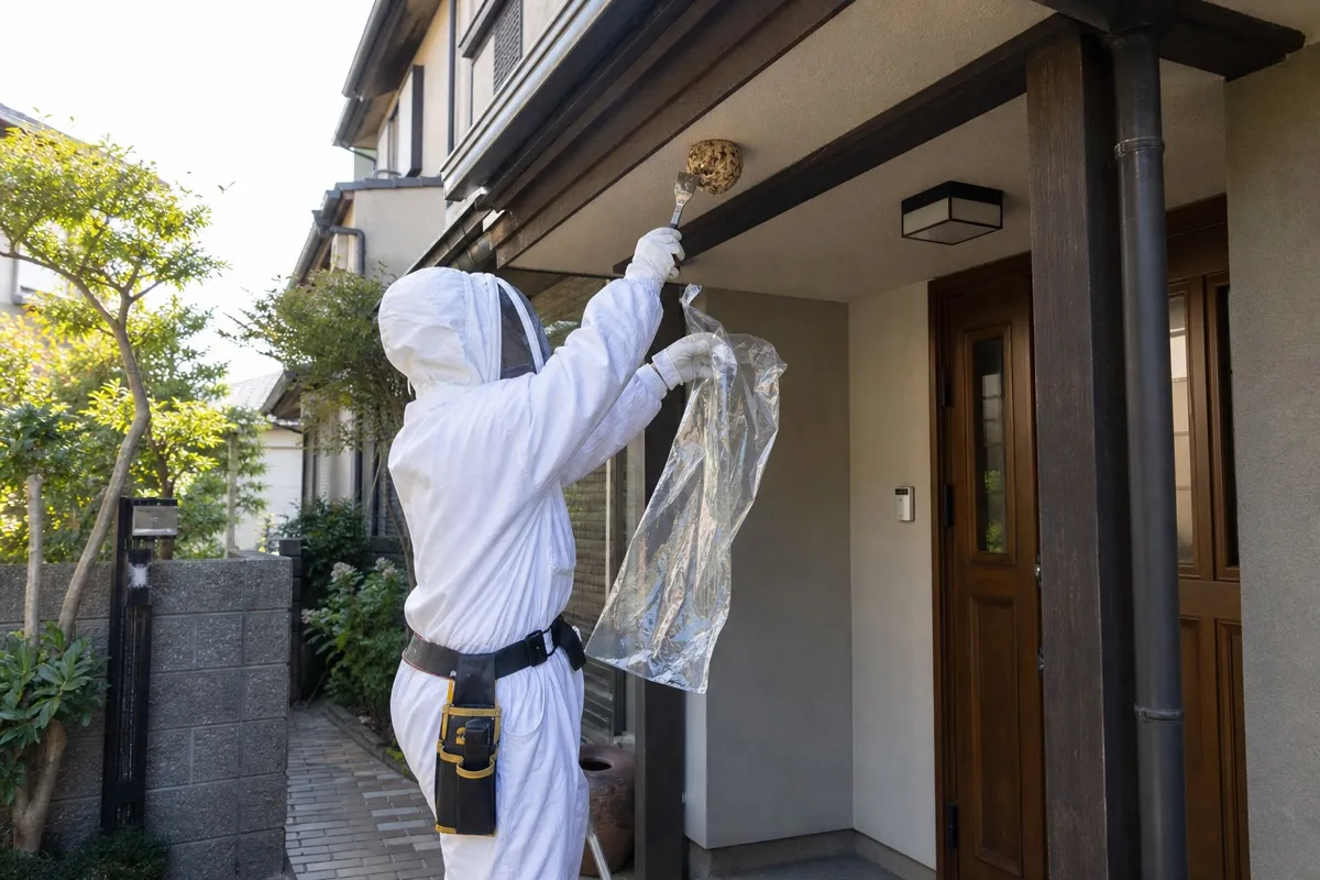 名古屋市南区戸部町の住宅街でキイロスズメバチ駆除作業中