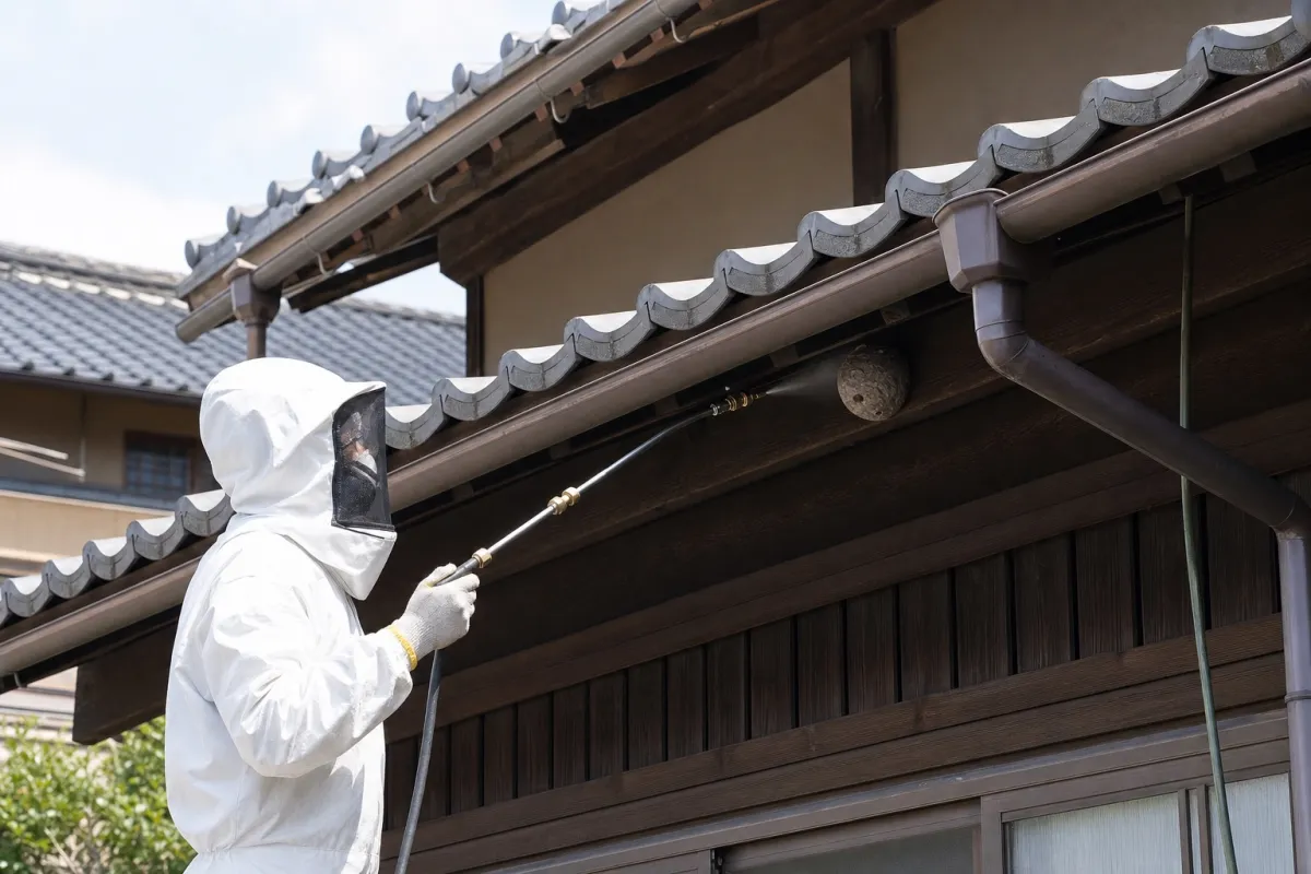 名古屋市南区曽池町のスズメバチ駆除作業中