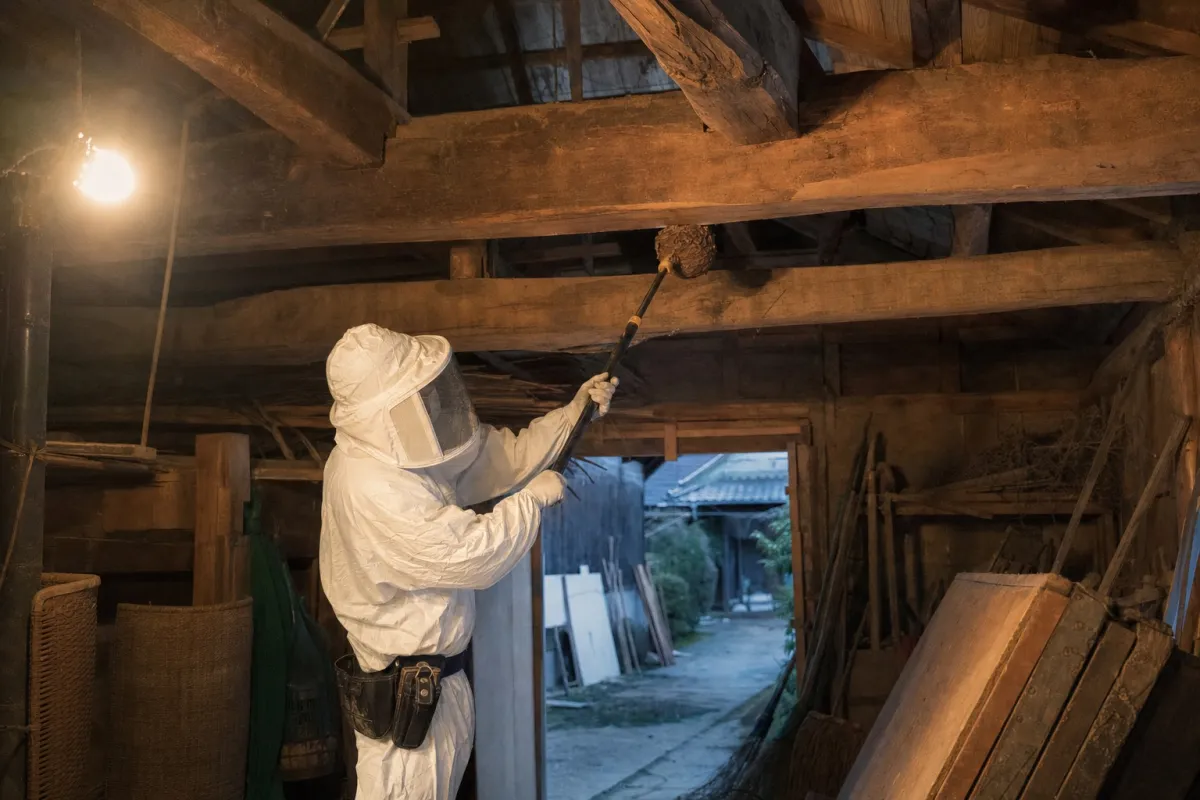 名古屋市南区豊田のオオスズメバチ駆除作業中