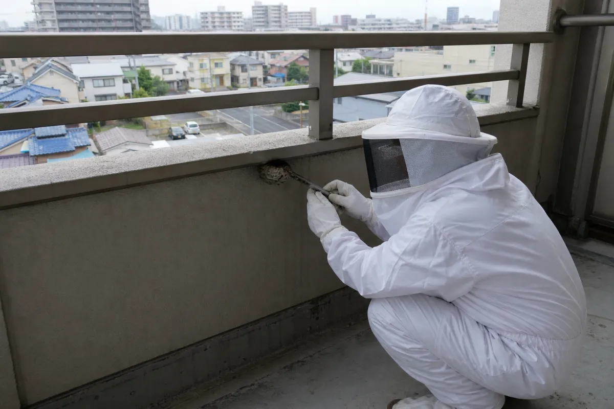 名古屋市南区呼続のアシナガバチ駆除作業中