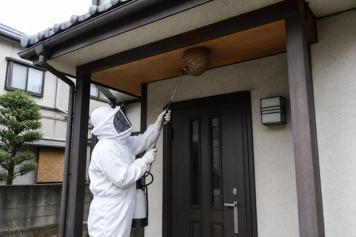 名古屋市南区薬師通のスズメバチ駆除作業中