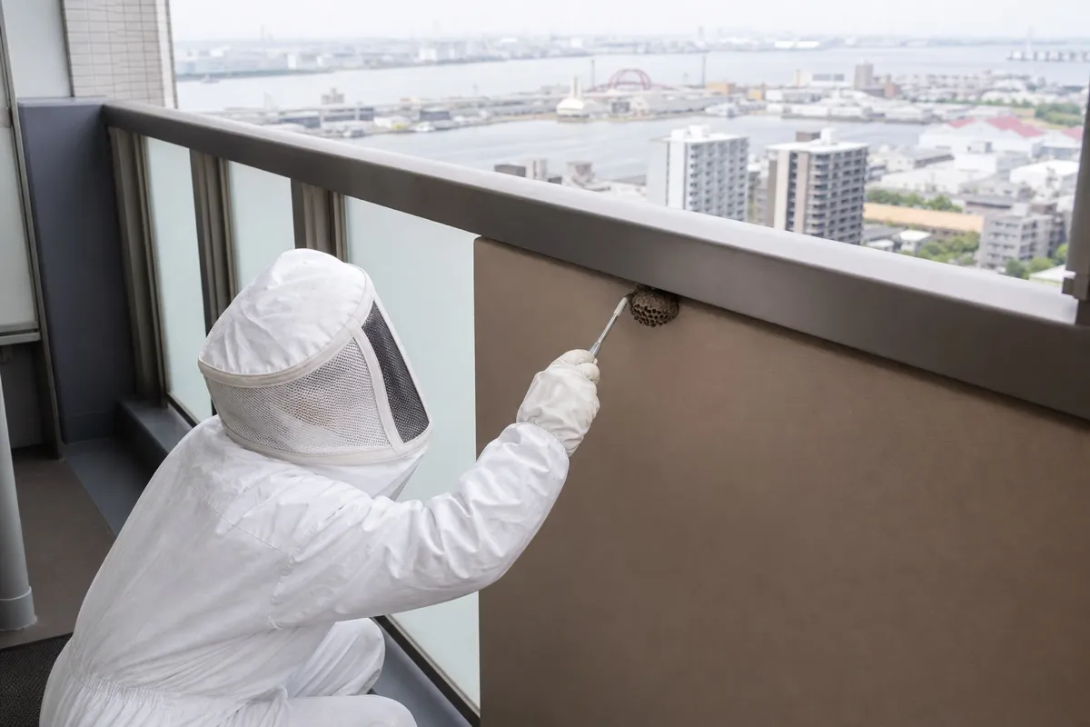 名古屋市港区港明の分譲マンションでアシナガバチ駆除作業中