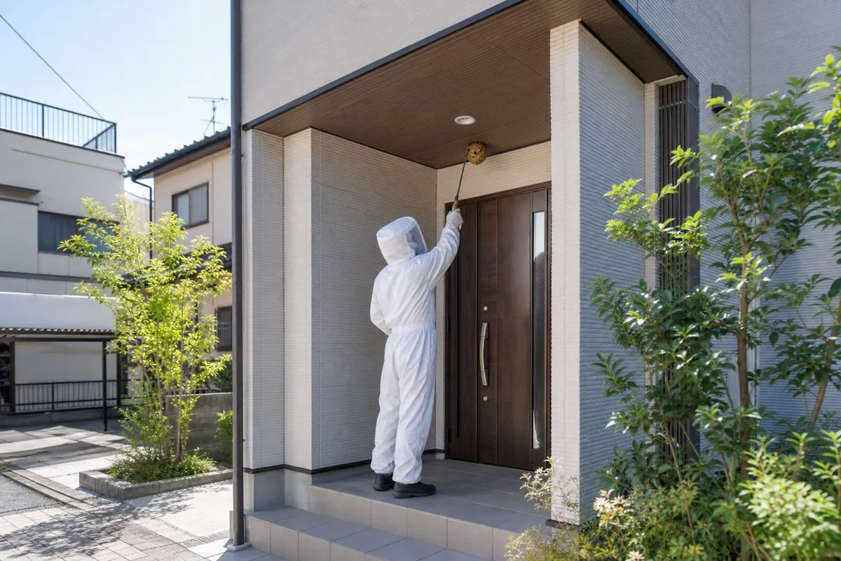 名古屋市港区港栄の住宅街でキイロスズメバチ駆除作業中