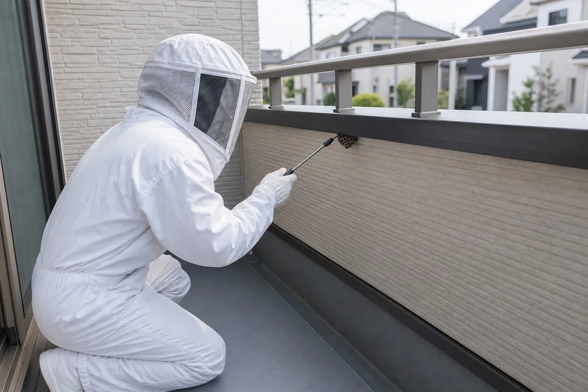 名古屋市港区港北町の分譲住宅でアシナガバチ駆除作業中