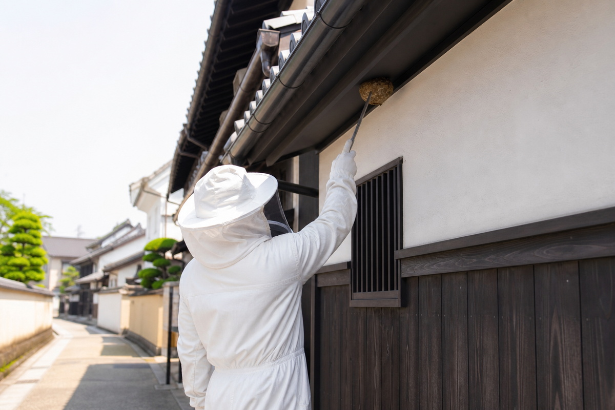 名古屋市港区当知のアパートでアシナガバチ駆除作業中