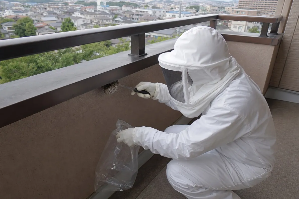 名古屋市港区港楽のアシナガバチ駆除作業中