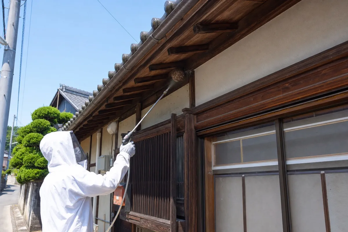 名古屋市港区稲永のスズメバチ駆除作業中