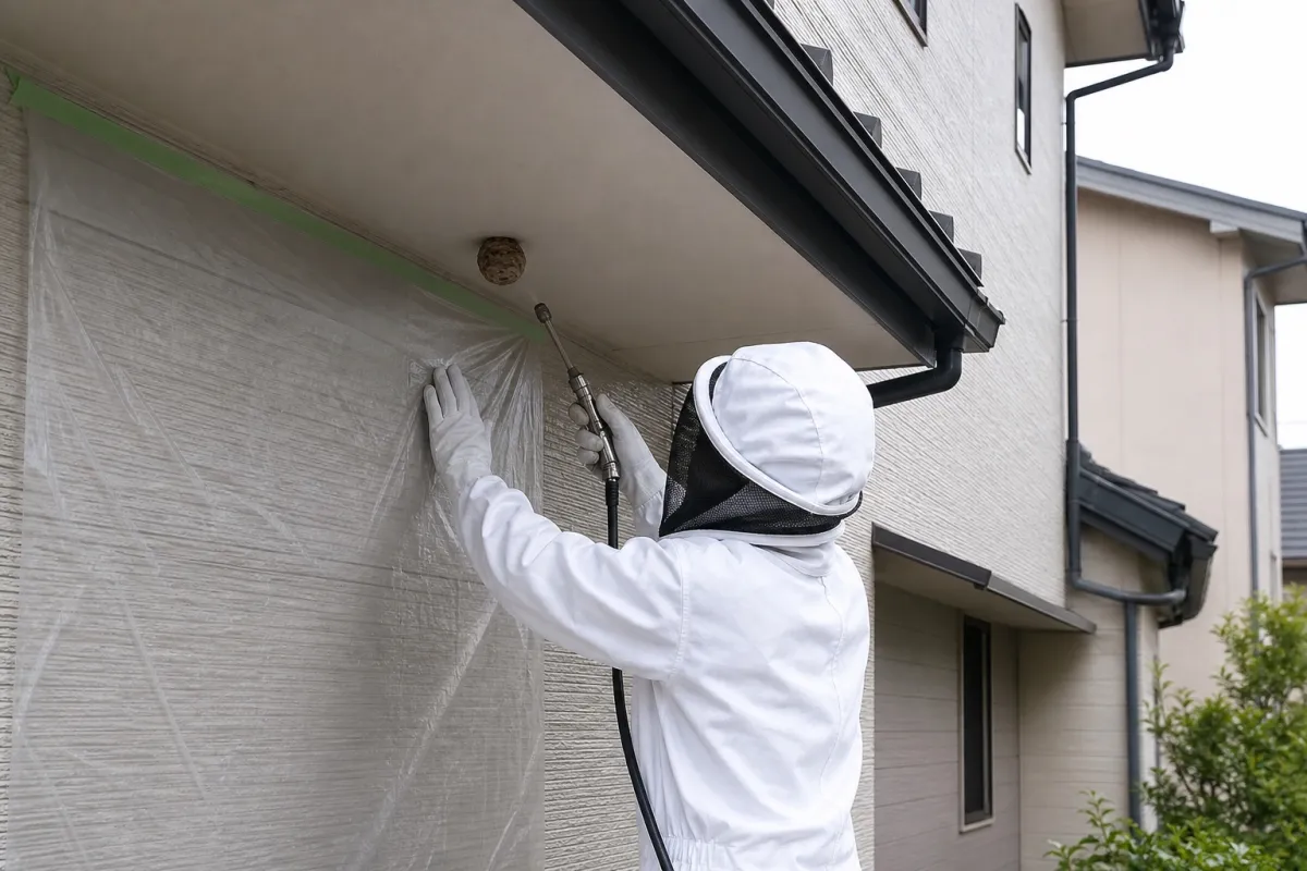 名古屋市港区東蟹田のキイロスズメバチ駆除作業中