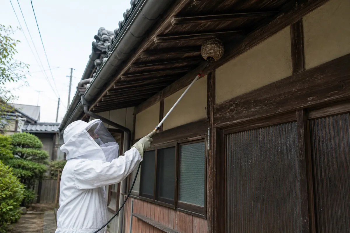 名古屋市港区千鳥のスズメバチ駆除作業中