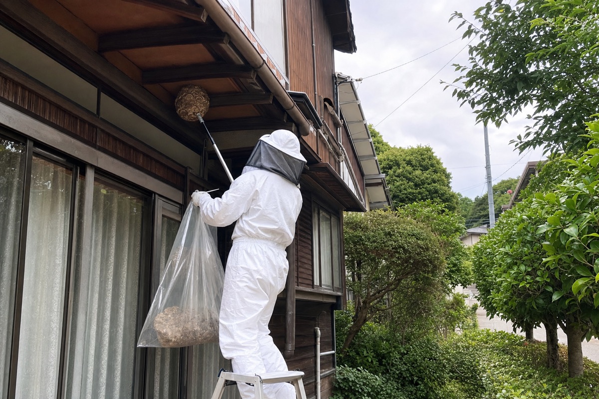 名古屋市瑞穂区岳見町の丘陵住宅でオオスズメバチ駆除作業中