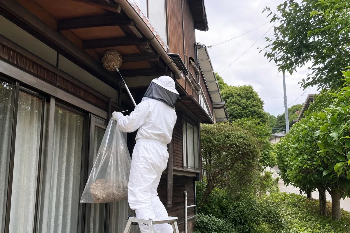 名古屋市瑞穂区岳見町の丘陵住宅でオオスズメバチ駆除作業中