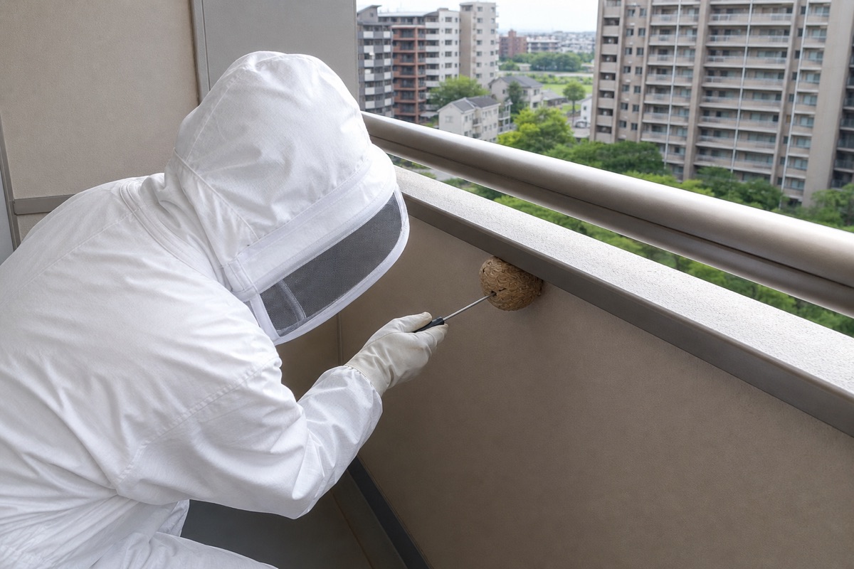 名古屋市瑞穂区岳見町のマンションでスズメバチ駆除作業中