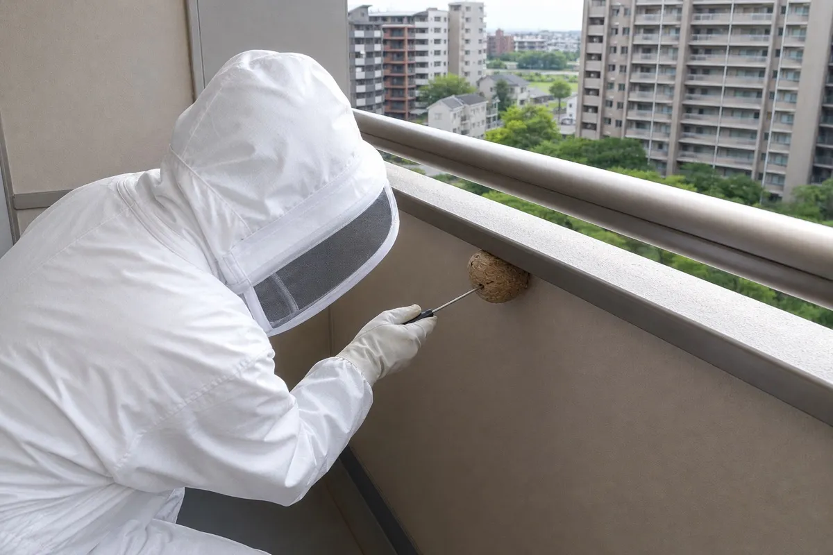 名古屋市瑞穂区岳見町のマンションでスズメバチ駆除作業中