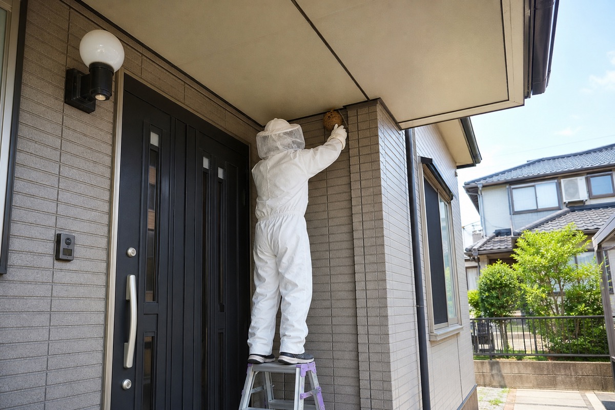名古屋市瑞穂区河岸町の住宅街でキイロスズメバチ駆除作業中