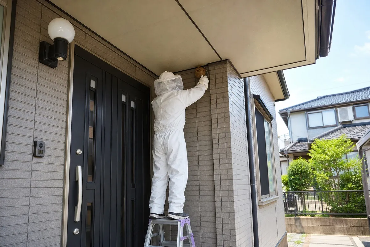 名古屋市瑞穂区河岸町の住宅街でキイロスズメバチ駆除作業中