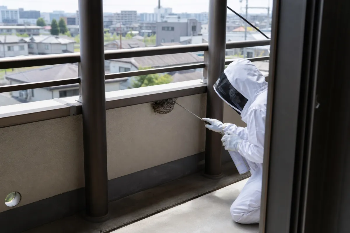 名古屋市瑞穂区瑞穂町のアシナガバチ駆除作業中