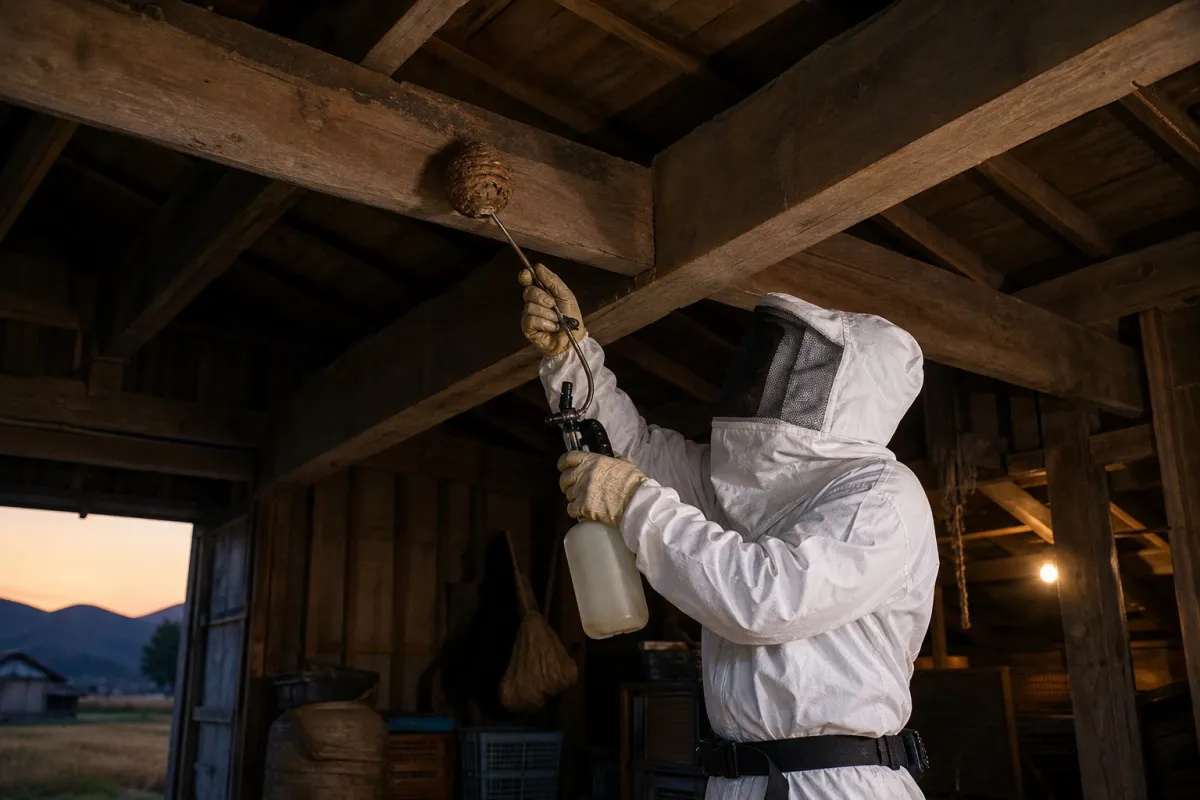 名古屋市瑞穂区井戸田町のオオスズメバチ駆除作業中