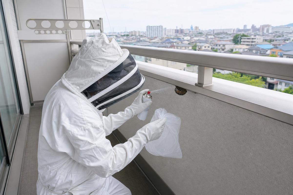 名古屋市守山区瀬古の分譲マンションでアシナガバチ駆除作業中