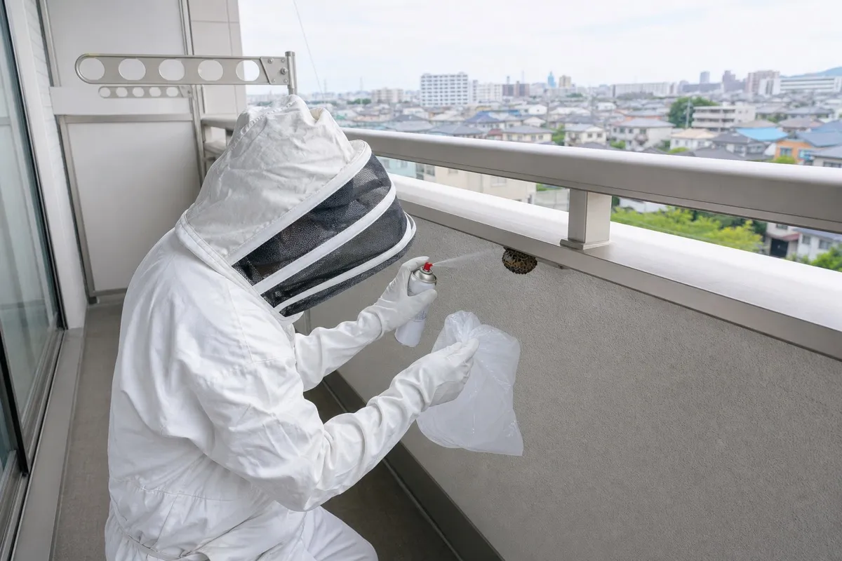 名古屋市守山区瀬古の分譲マンションでアシナガバチ駆除作業中