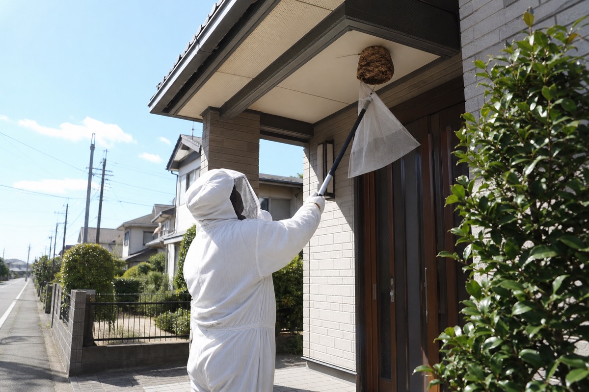 名古屋市守山区廿軒家の住宅街でキイロスズメバチ駆除作業中