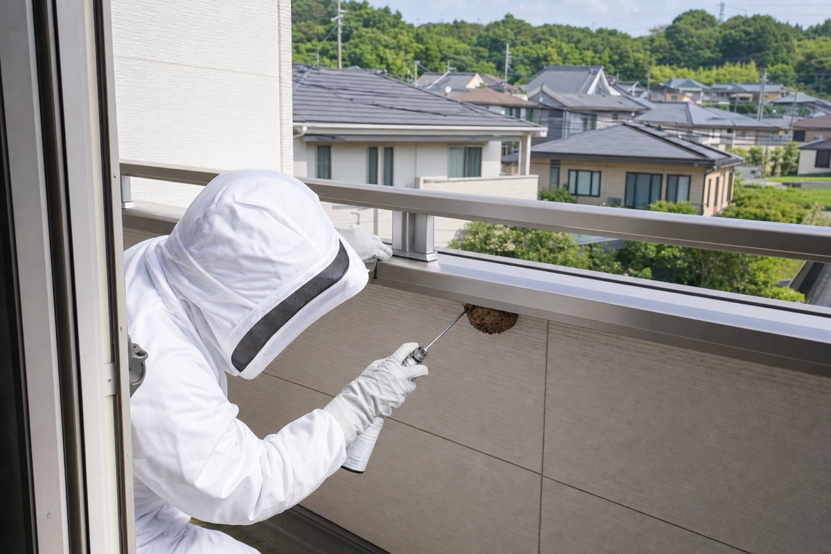 名古屋市守山区元郷の分譲住宅でアシナガバチ駆除作業中