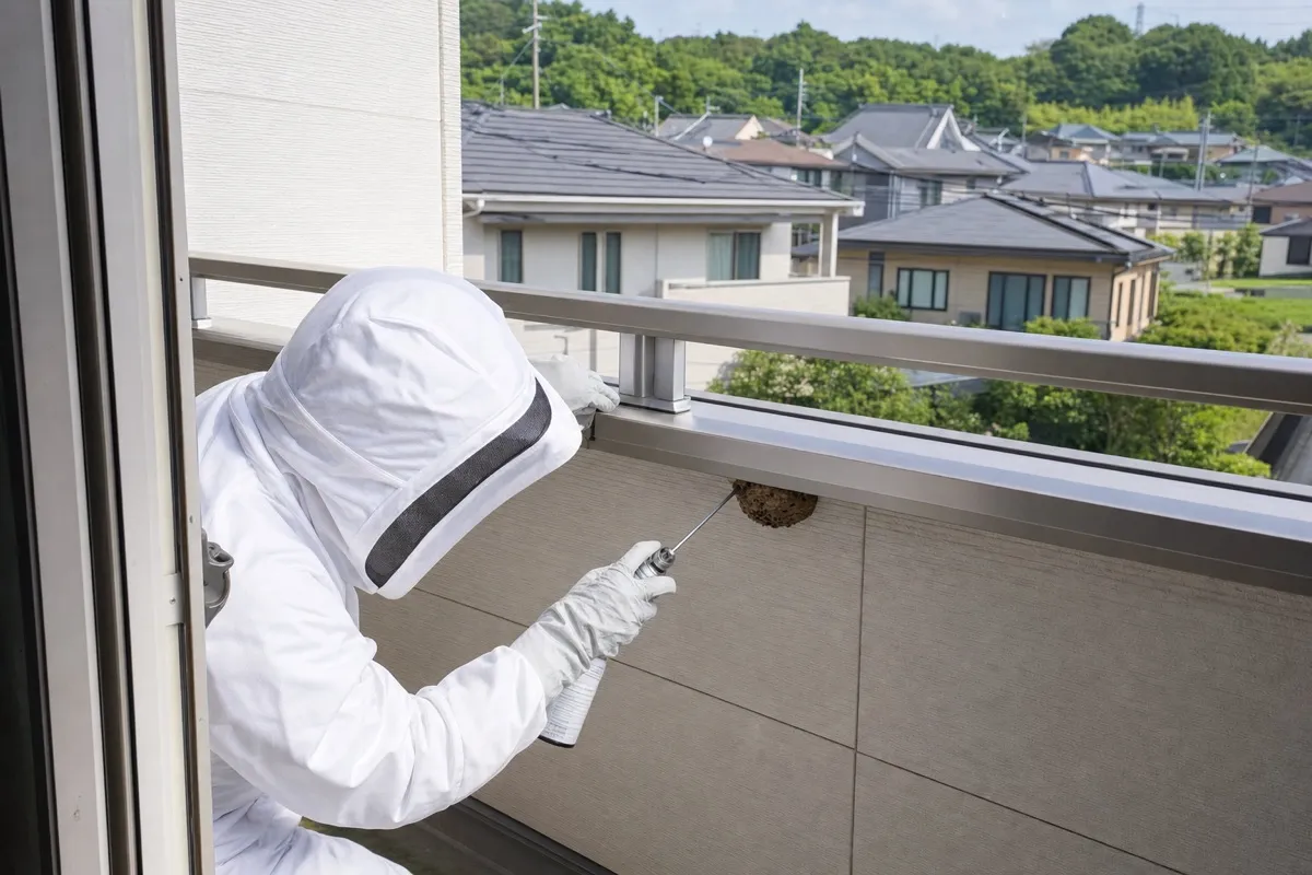 名古屋市守山区元郷の分譲住宅でアシナガバチ駆除作業中