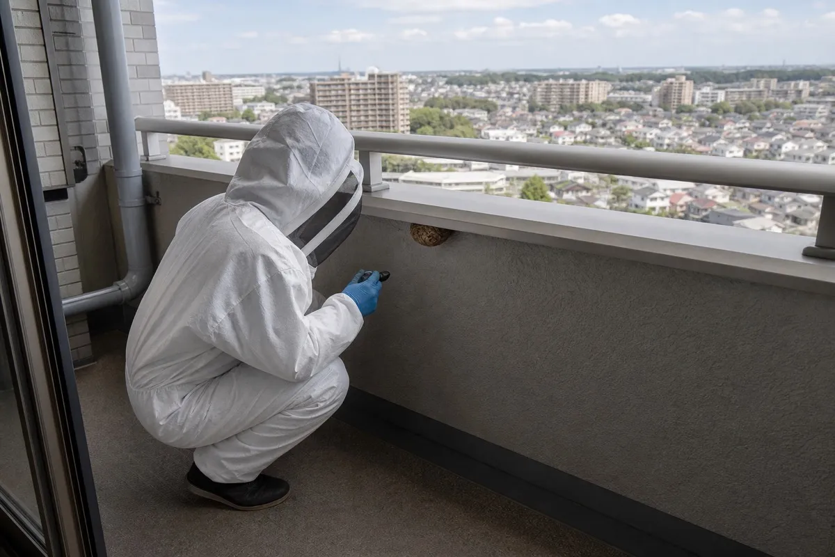 名古屋市守山区弥生が丘のマンションでスズメバチ駆除作業中
