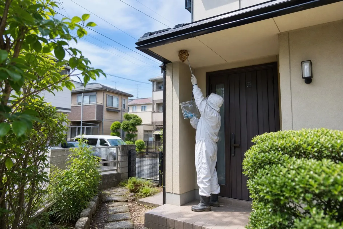 名古屋市守山区永森町の住宅街でキイロスズメバチ駆除作業中