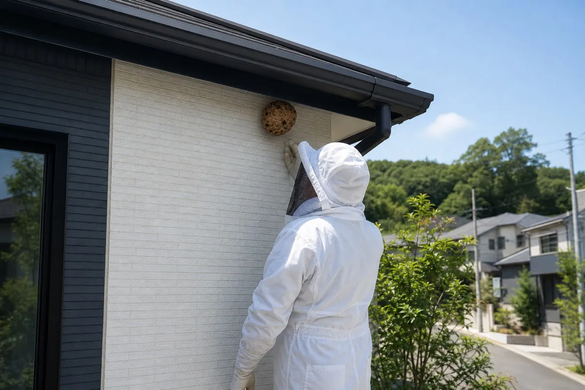 名古屋市守山区花咲台の新築住宅でスズメバチ駆除作業中