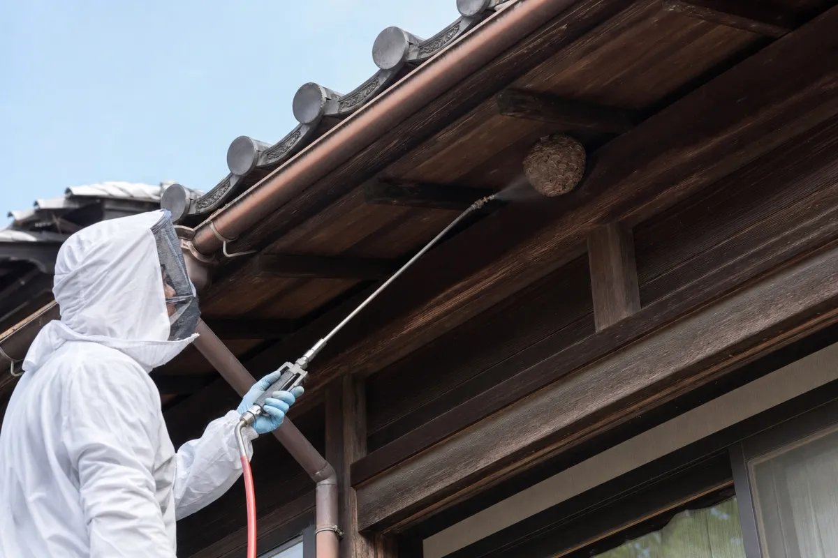 名古屋市守山区市場木町のスズメバチ駆除作業中