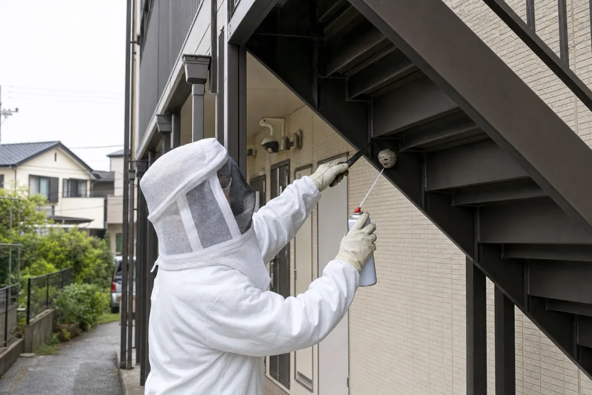 名古屋市守山区白山のアシナガバチ駆除作業中