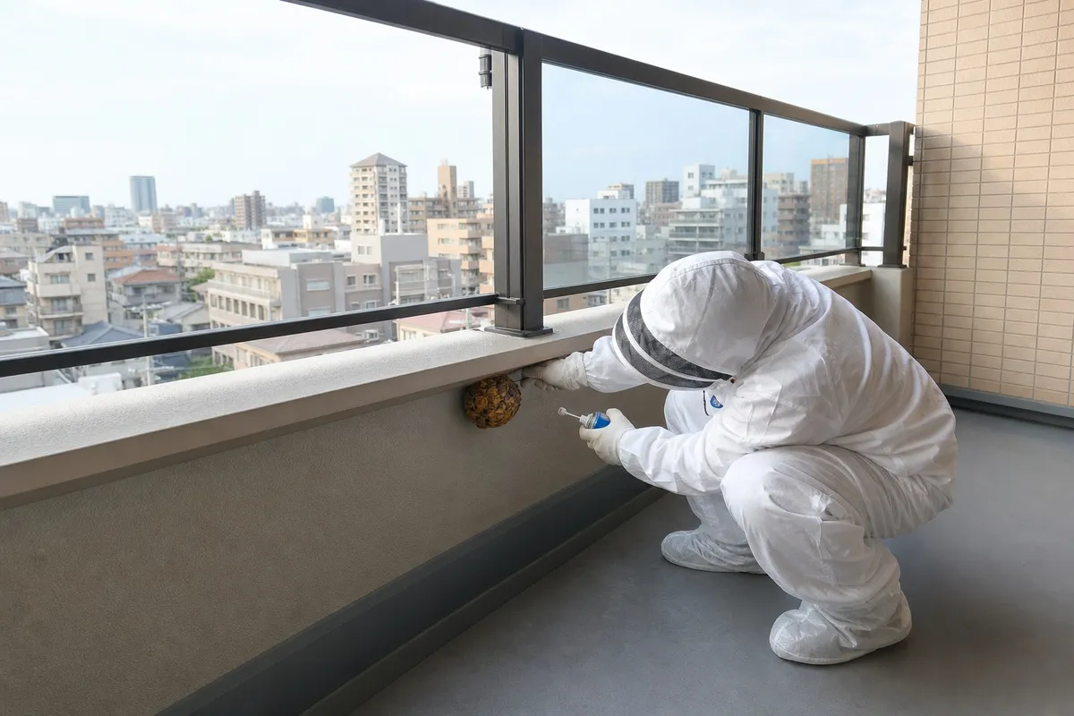 名古屋市中区伏見のオフィスビルでキイロスズメバチ駆除作業中