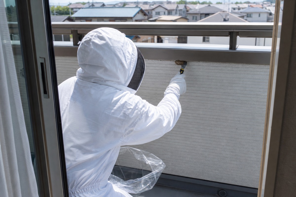 名古屋市中区松原の分譲マンションでアシナガバチ駆除作業中