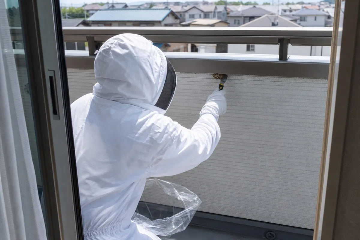 名古屋市中区松原の分譲マンションでアシナガバチ駆除作業中