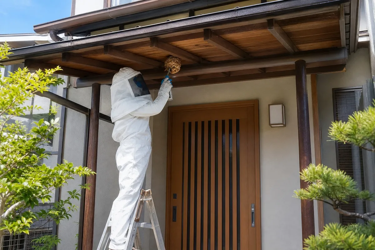 名古屋市中区栄の住宅街でキイロスズメバチ駆除作業中