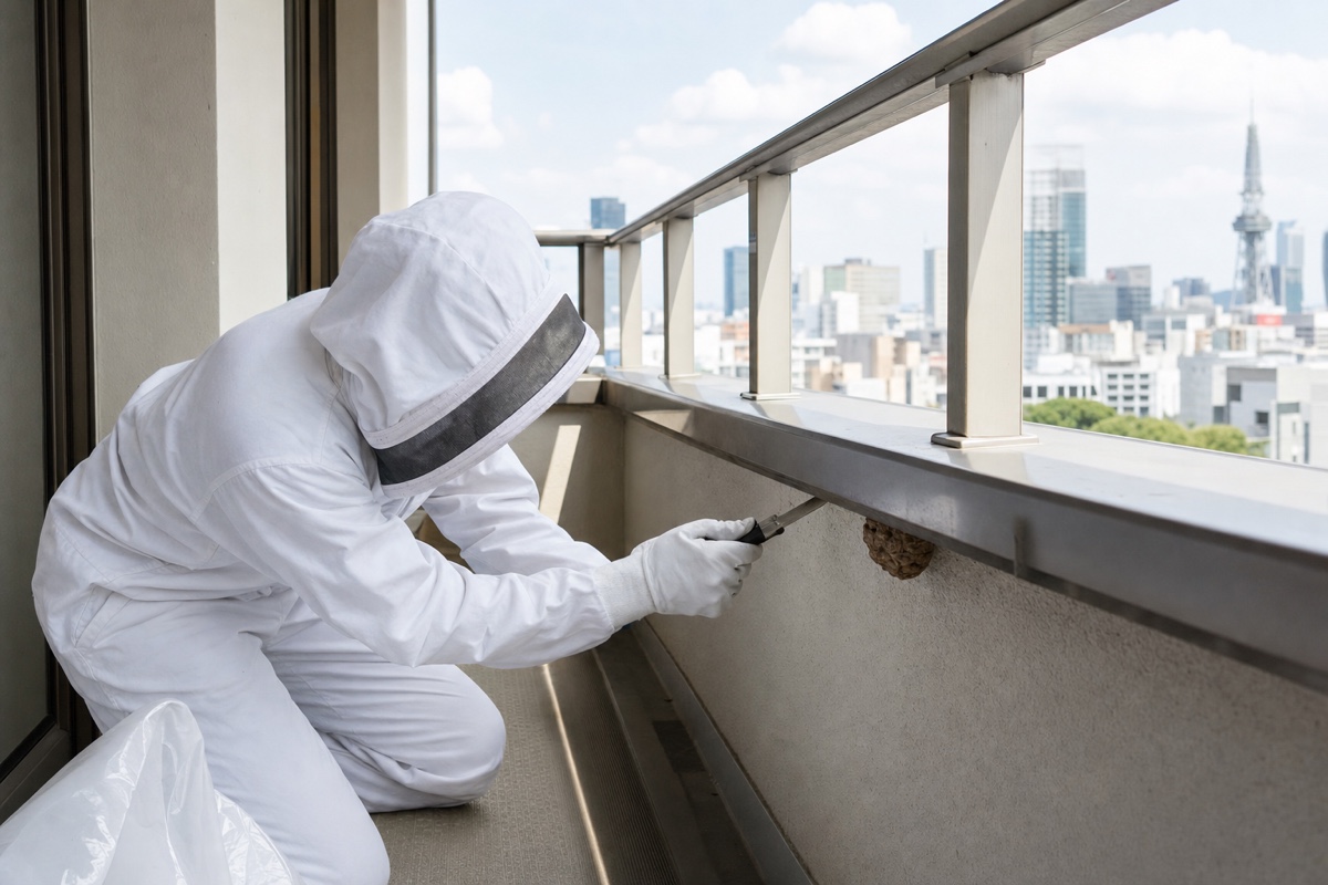 名古屋市中区新栄のマンションでスズメバチ駆除作業中